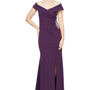 SLNY Summer Plum off shoulder dress